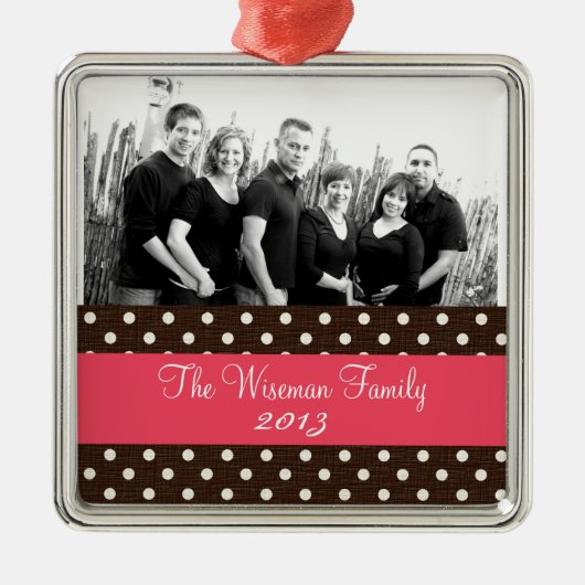 Gepersonaliseerde Aangepaste Bruine Polka Dot FOTO Metalen Ornament (Voorkant)