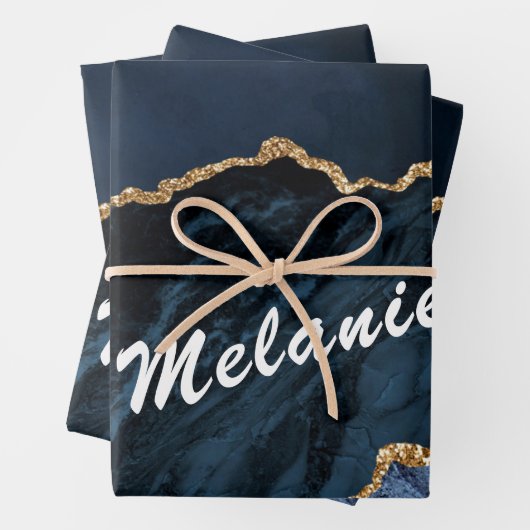 Gepersonaliseerde aangepaste naam Navy Blue Gold M Inpakpapier Vel (In situ)