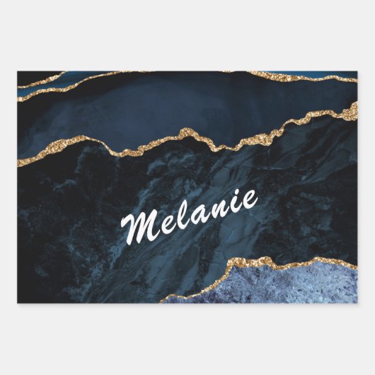 Gepersonaliseerde aangepaste naam Navy Blue Gold M Inpakpapier Vel (Voorkant)