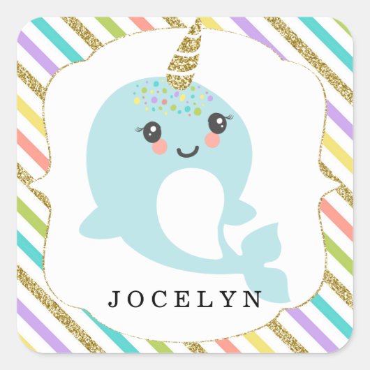 Gepersonaliseerde aangepaste Narwhal Rainbow Glitt Vierkante Sticker (Voorkant)
