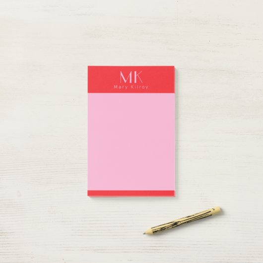 Gepersonaliseerde aangepaste rode roze minimalisti post-it® notes (Op bureau)