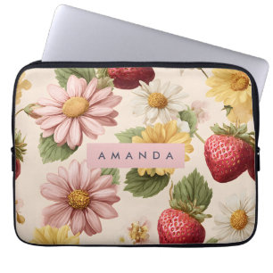 Gepersonaliseerde  Aardbei & Bloempatroon Laptop Sleeve