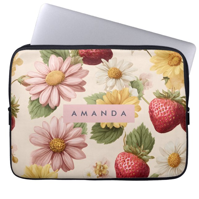 Gepersonaliseerde  Aardbei & Bloempatroon Laptop Sleeve (Voorkant)