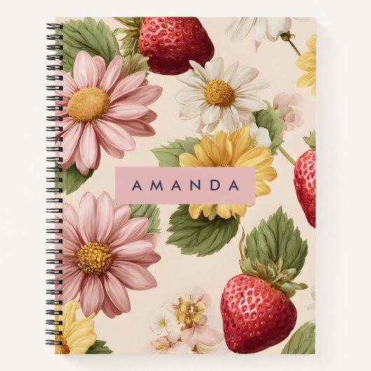 Gepersonaliseerde  Aardbei & Bloempatroon Notitieboek (Voorkant)
