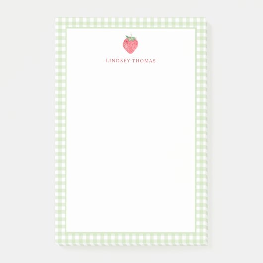 Gepersonaliseerde aardbei groene gingham rand post-it® notes (Voorkant)