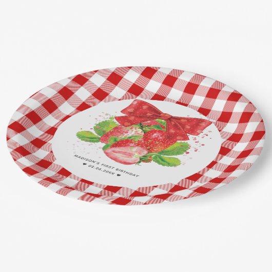 Gepersonaliseerde Aardbei Thema Verjaardag Schatti Papieren Bordje (Gekanteld)