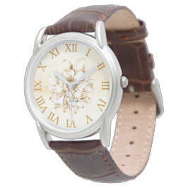 Gepersonaliseerde aardse bloemen luxe goudbruin horloge