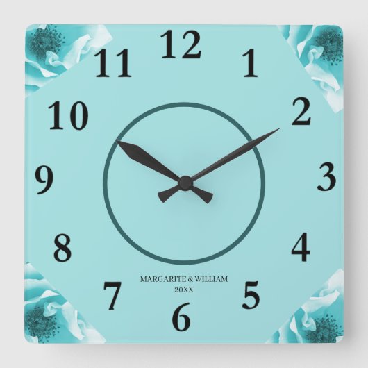 Gepersonaliseerde Abstracte Blauw & Witte Bloemen Vierkante Klok (Voorkant)