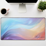 Gepersonaliseerde Abstracte iriserende golven past Bureaumat<br><div class="desc">Transformeer uw werkruimte met onze gepersonaliseerde Iridescent Waves Pastel Desk Mat. Deze mat heeft een abstract ontwerp met levendige golven van paarse, roze, blauw en sinaasappel en voegt een vleugje individualiteit en flair toe aan uw bureau. Personaliseer het met jouw naam om het uniek van u te maken. Het is...</div>