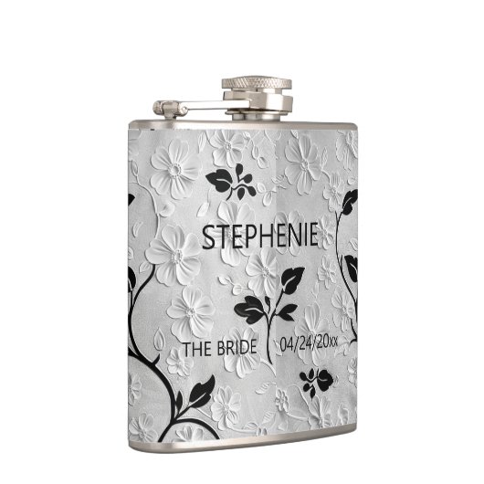 Gepersonaliseerde Abstracte zwart-witte bloemen Heupfles (Rechts)