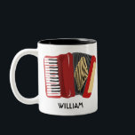 Gepersonaliseerde accordeonspelers geïllustreerd tweekleurige koffiemok<br><div class="desc">Creëer Een gepersonaliseerd cadeau dat perfect is voor accordeonspelers en polka-fans. Deze mok is voorzien van een handgetekende stijlillustratie van een rode accordeon aan de voor- en achterkant met onderstaande jouw namen in zwarte gedrukte belettering.</div>