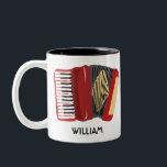 Gepersonaliseerde accordeonspelers geïllustreerd tweekleurige koffiemok<br><div class="desc">Creëer Een gepersonaliseerd cadeau dat perfect is voor accordeonspelers en polka-fans. Deze mok is voorzien van een handgetekende stijlillustratie van een rode accordeon aan de voor- en achterkant met onderstaande jouw namen in zwarte gedrukte belettering.</div>