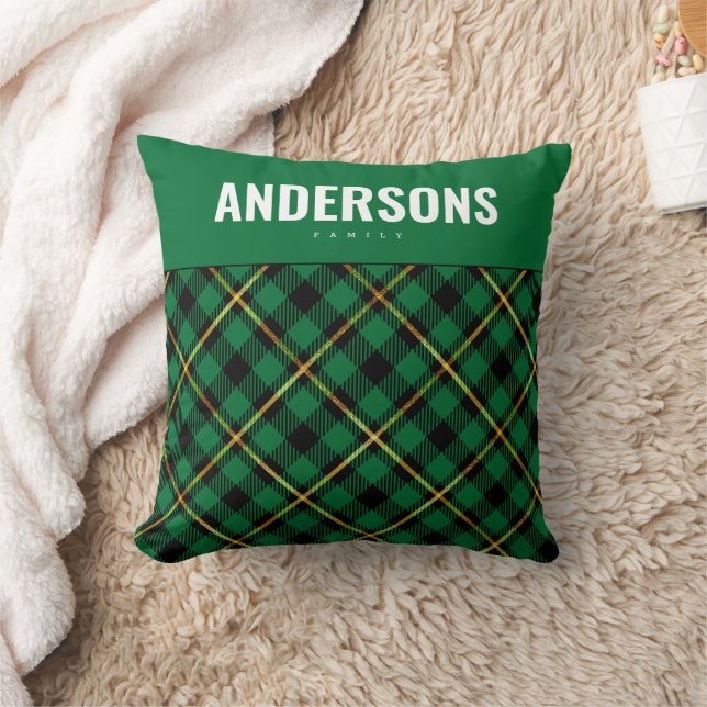 Gepersonaliseerde achternaam Green Buffalo Plaid Kussen (Deken)