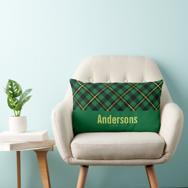 Gepersonaliseerde achternaam Green Buffalo Plaid Kussen (Stoel)