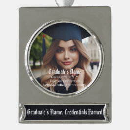 Gepersonaliseerde Afstudeerder foto en naam, Afstu Verzilverd Banner Ornament