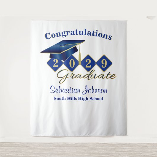 Gepersonaliseerde Afstuderen Blauw & Goud Party Ac Wandkleed (Voorkant)