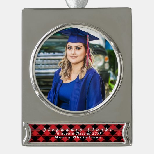 Gepersonaliseerde Afstuderen Foto, Naam Ornament Verzilverd Banner Ornament (Voorkant)