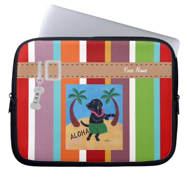 Gepersonaliseerde Aloha Black Labrador Stripe Laptop Sleeve (Voorkant)