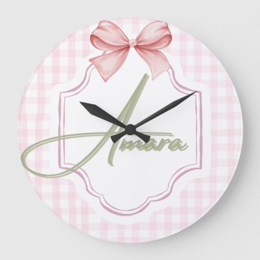 Gepersonaliseerde Amara Baby Girl Nursery Bow & Gi Grote Klok (Voorkant)