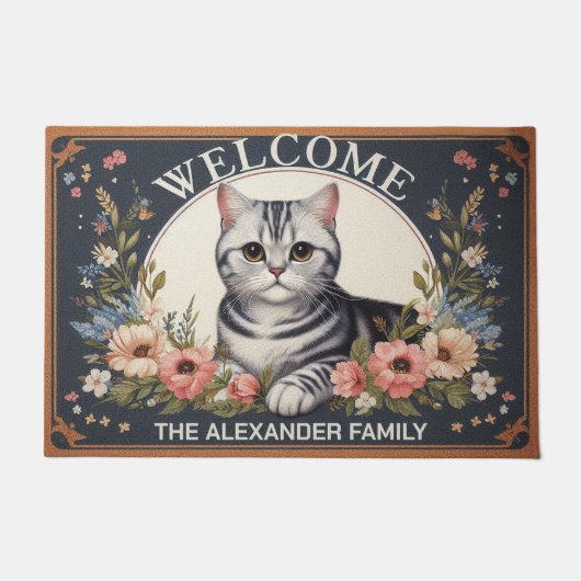 Gepersonaliseerde Amerikaanse shorthair Cat Floral Deurmat (Voorkant)