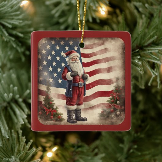 Gepersonaliseerde  Amerikaanse vlag Santa Christma Keramisch Ornament (Boom)