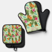 Gepersonaliseerde Ananas & Hibiscus Apotheek Ovenwant & Pannenlap Set (Voorkant / Achterkant)