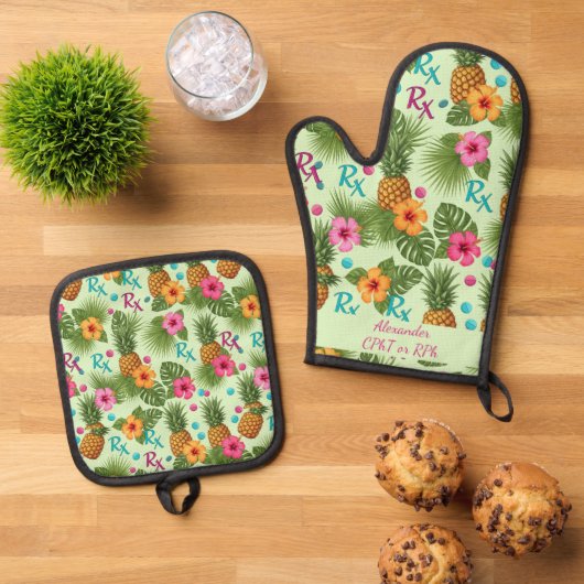 Gepersonaliseerde Ananas & Hibiscus Apotheek Ovenwant & Pannenlap Set (Top down)