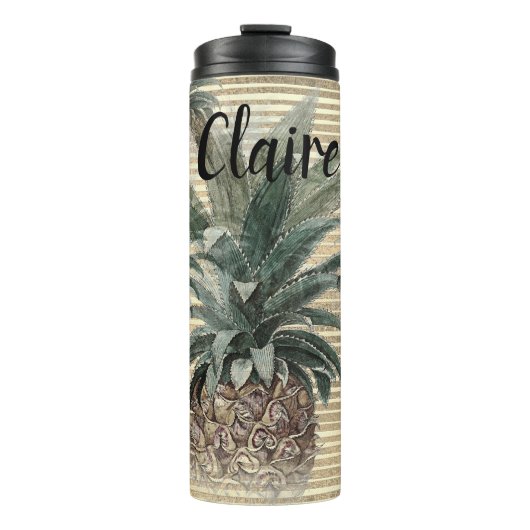 Gepersonaliseerde ananas op goudfolie gestreept thermosbeker (Voorkant)