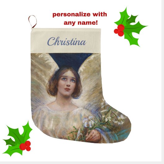 Gepersonaliseerde Angel en White Lily Flowers Grote Kerstsok