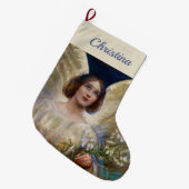 Gepersonaliseerde Angel en White Lily Flowers Grote Kerstsok (Voorkant (Hangend))