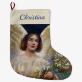 Gepersonaliseerde Angel en White Lily Flowers Grote Kerstsok (Voorkant)