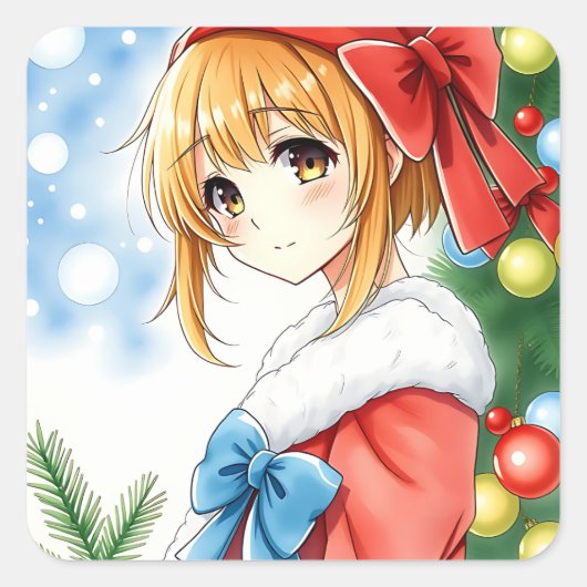 Gepersonaliseerde Anime Girl Kerstmis Vierkante Sticker (Voorkant)