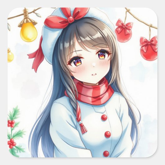 Gepersonaliseerde Anime Girl Kerstmis Vierkante Sticker (Voorkant)