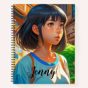 Gepersonaliseerde anime meisje in de stad kleurrij notitieboek
