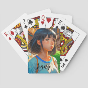 Gepersonaliseerde anime meisje in de stad kleurrij pokerkaarten