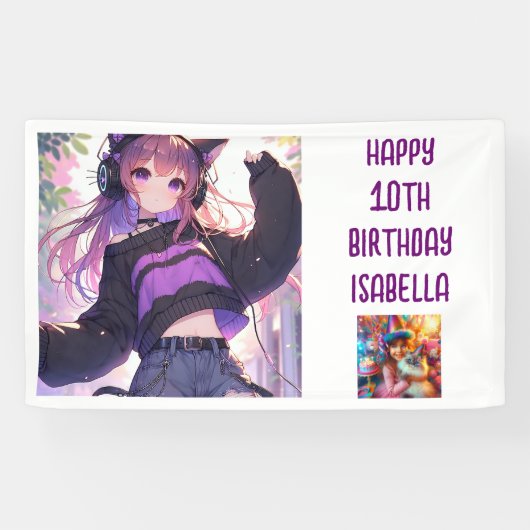 Gepersonaliseerde anime thema meisje verjaardag spandoek (Horizontaal)