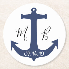 Gepersonaliseerde anker nautische bruiloft ronde kartonnen onderzetter