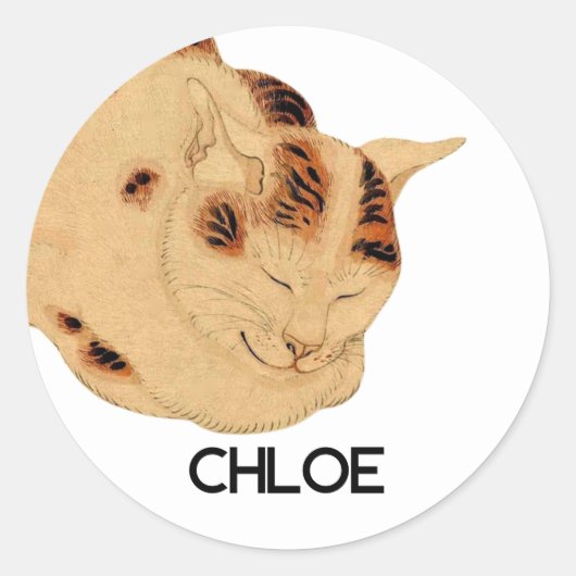 Gepersonaliseerde Antiek Sleeping Cat Japanese Uki Ronde Sticker (Voorkant)