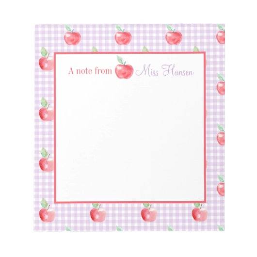 Gepersonaliseerde Apple Lavender Gingham leraar Notitieblok (Voorkant)