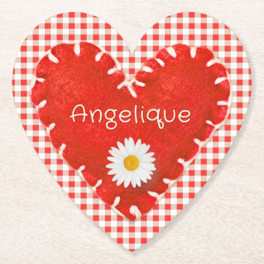 Gepersonaliseerde Applique Heart en Daisy op Gingh Kartonnen Onderzetters (Voorkant)