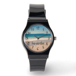 Gepersonaliseerde Aqua Beach Scene Foto Zwart Teks Horloge