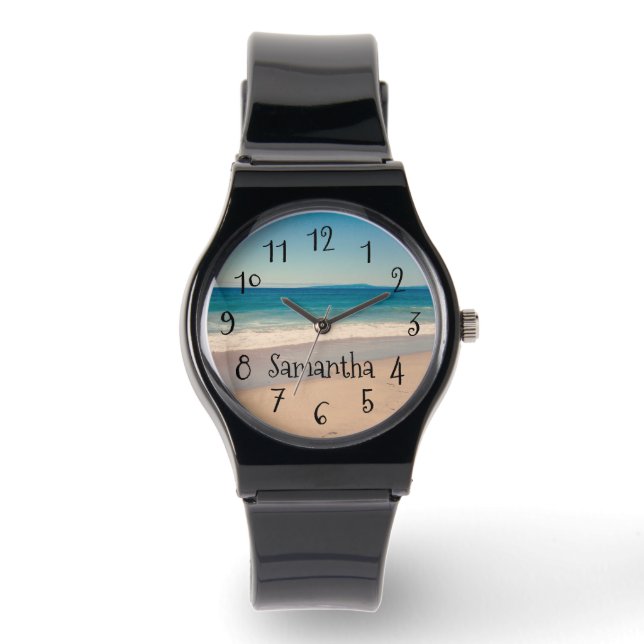 Gepersonaliseerde Aqua Beach Scene Foto Zwart Teks Horloge (Voorkant)
