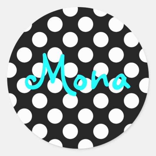 Gepersonaliseerde Aqua Black en White Polka Dot Ronde Sticker (Voorkant)