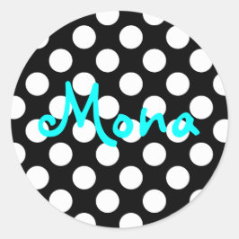 Gepersonaliseerde Aqua Black en White Polka Dot Ronde Sticker