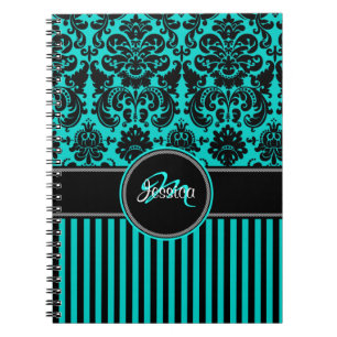 Gepersonaliseerde Aqua Black White Striped Damask Notitieboek