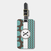 Gepersonaliseerde Aqua en bruine Bloemen Zigzag Bagagelabel (Voorkant verticaal)