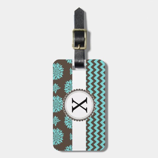 Gepersonaliseerde Aqua en bruine Bloemen Zigzag Bagagelabel (Voorkant verticaal)