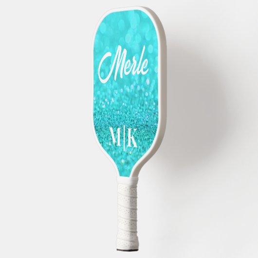Gepersonaliseerde Aqua Glitter Monogrammed Pickleball Paddle (Links)