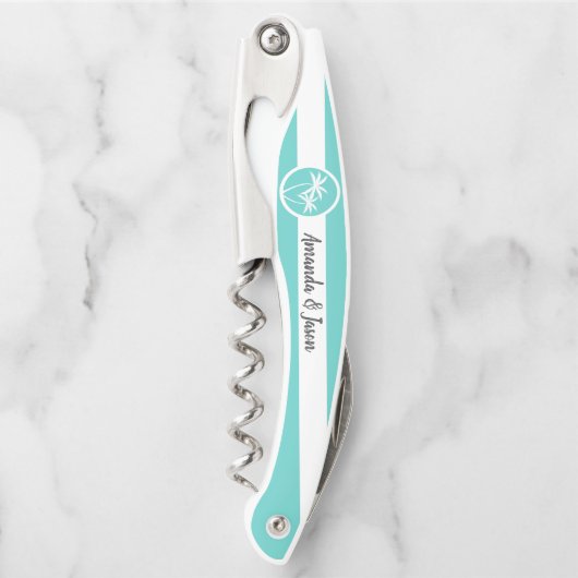 Gepersonaliseerde Aqua Palm Logo en Stripes Kurkentrekker (Voorkant)