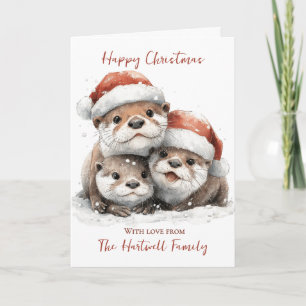 Gepersonaliseerde Aquarel Otter Familie Kerstmis Feestdagen Kaart